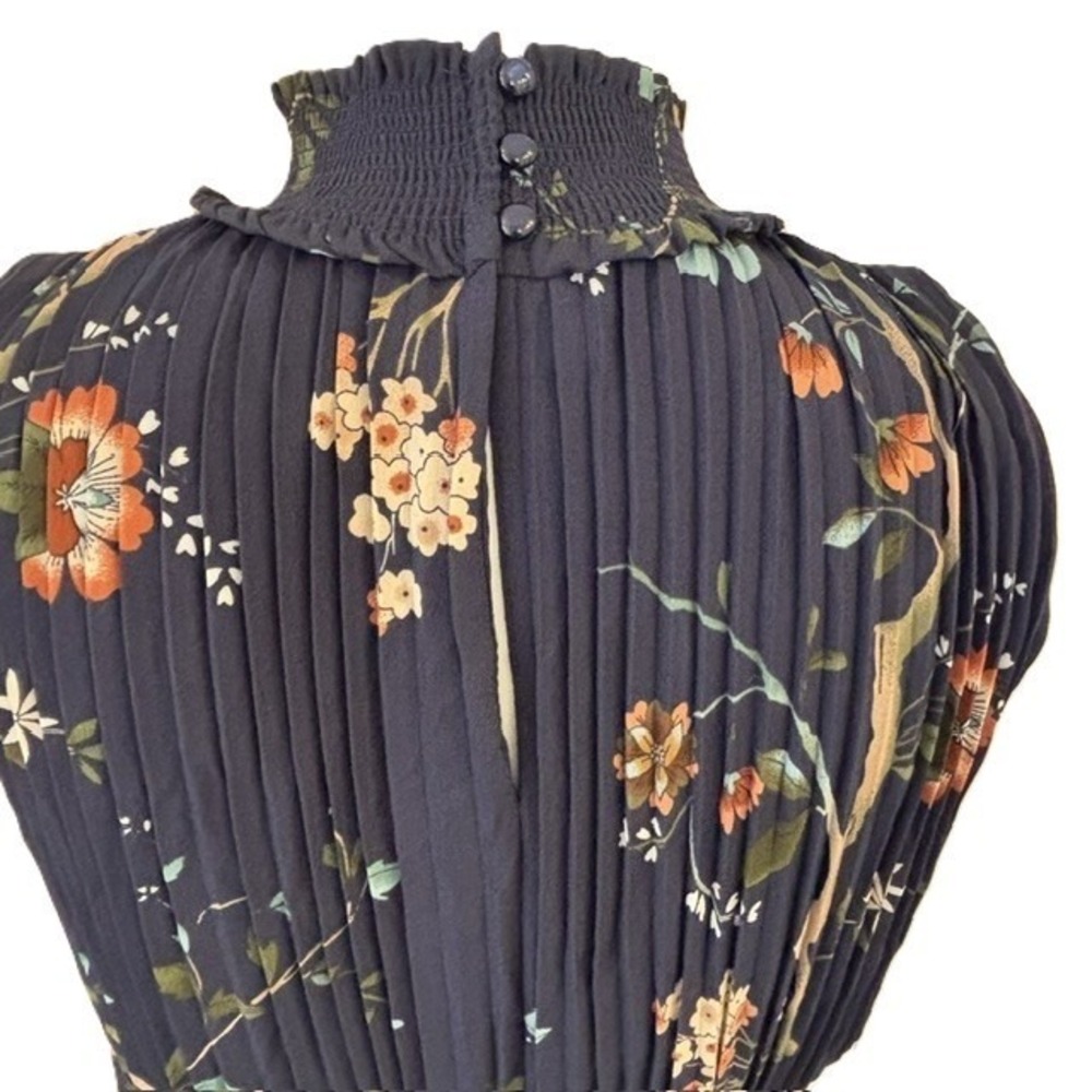 Nanette Lepore Pleated Midi Dress Women 6 Navy Blue Floral Smocked Waist - Picture 11 of 15